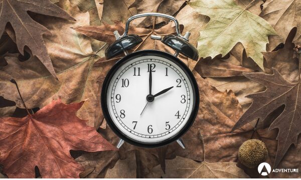 autumn leaves with a clock on top of them to accompany a blog about autumn being the perfect time for a brand refresh