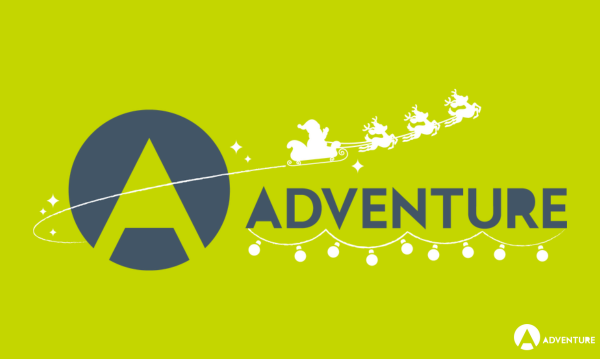 Adventure logo with a santa, reindeer and sleigh flying round the A icon to accompany a festive branding blog
