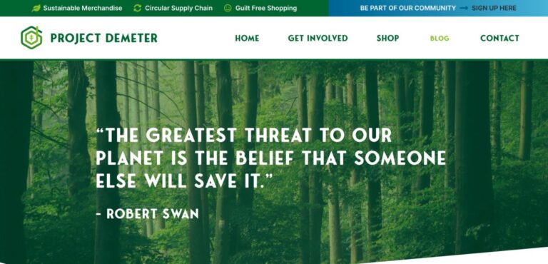 Screenshot of the Project Demeter website with a quote about how we all think someone else will save the planet for a blog for earth day