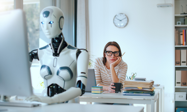 Robot sat at a computer typing and a woman behind looking at them in a very fed up way!