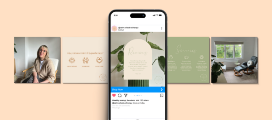 A graphic of branded social media mock ups nto accompany a blog about the importance of professional logos